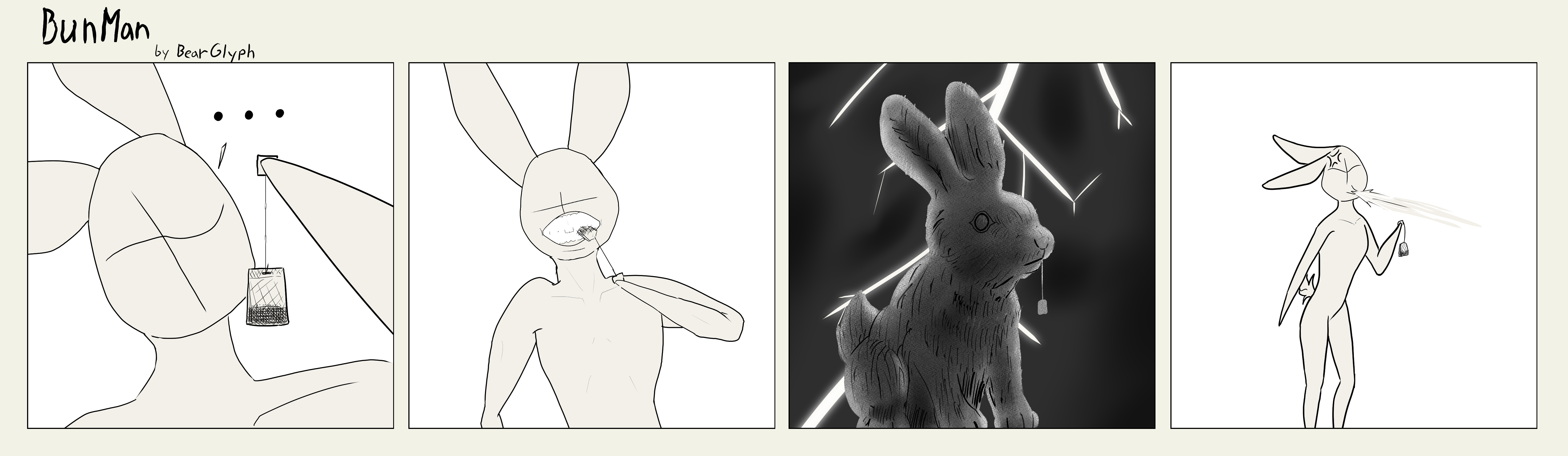 Bunman bites into a teabag, which temporarily turns him into a realistic stone sculpture of a rabbit as an expression of his disgust. He then spits while holding the teabag.